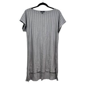 Eileen Fisher Women Shift Dress Striped Stretch Cap Sleeve Hi Low Hem Gray PM*